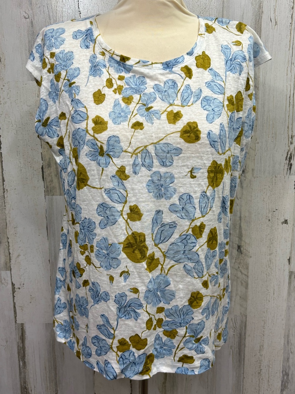 Joie White Floral Linen Cap-Sleeve Tee with Blue and Olive Print